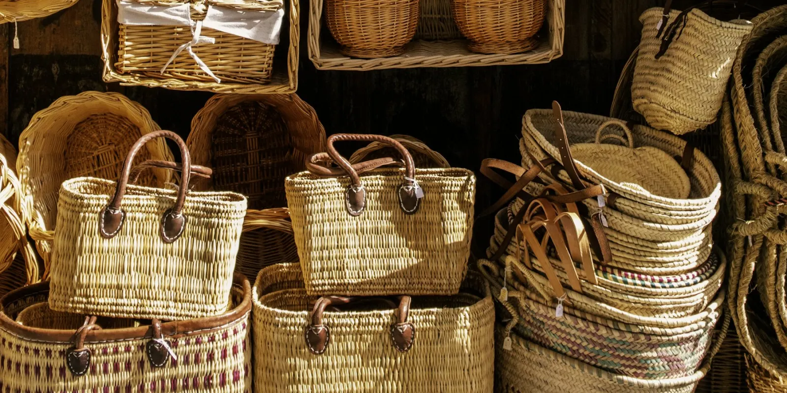 Woven baskets stacked on market shelves